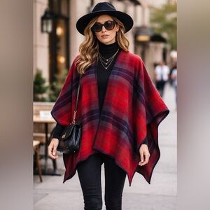 Old Navy Red Plaid Poncho Cape Oversized Cozy Fall Layer Boho Chic